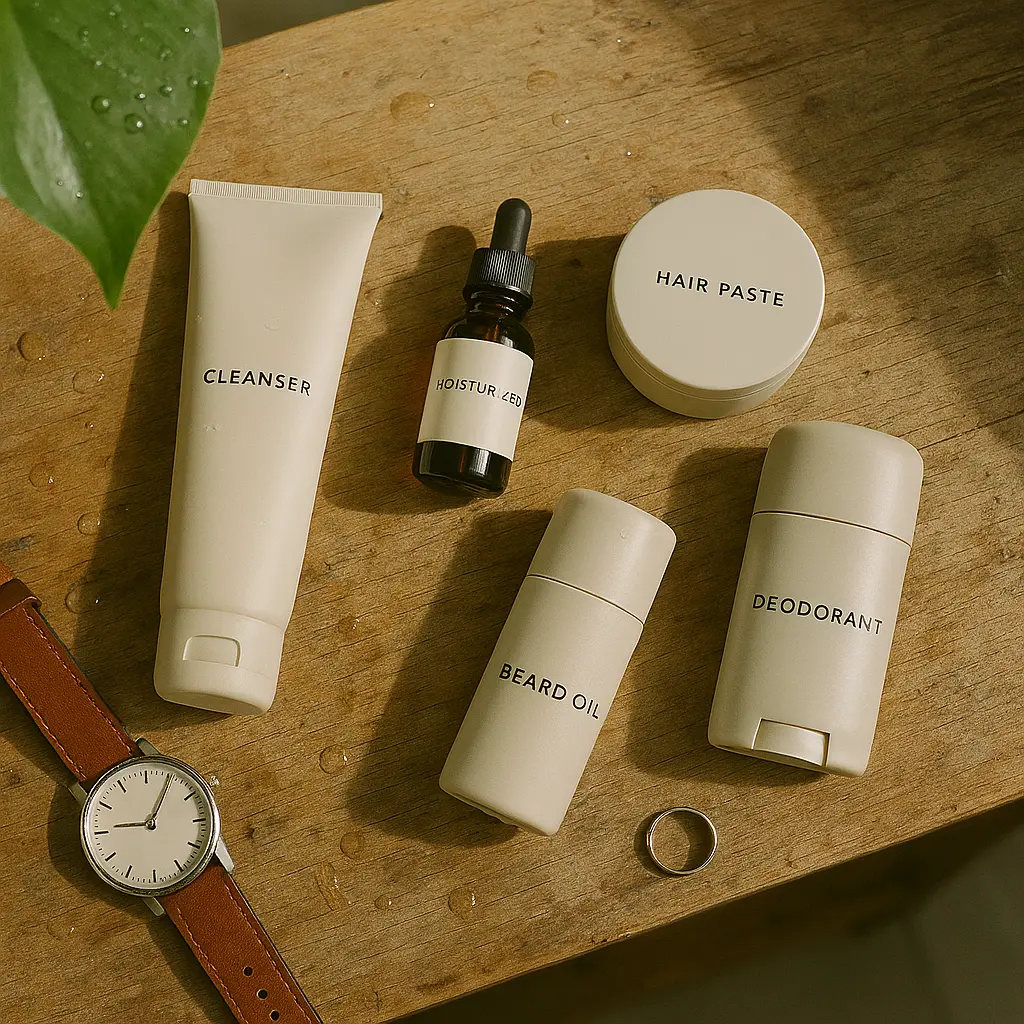 Les 5 produits grooming essentiels pour homme : nettoyant, hydratant, soin barbe, coiffant, déodorant