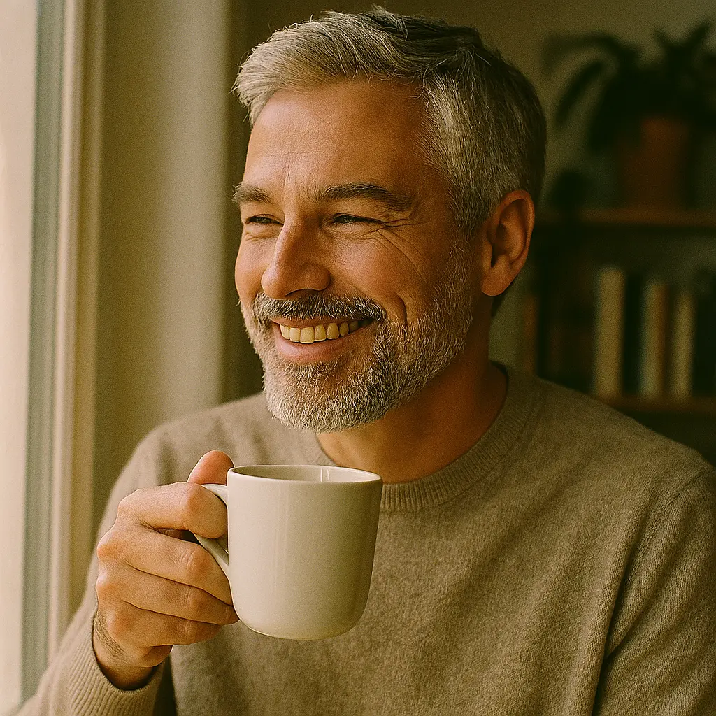 Homme de 45 ans avec barbe grisonnante bien entretenue, illustrant le grooming homme après 40 ans