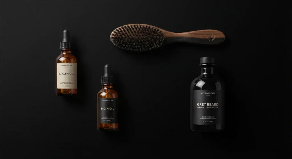 Produits essentiels pour entretien barbe grise : huile à barbe, brosse poils de sanglier et shampoing déjaunissant