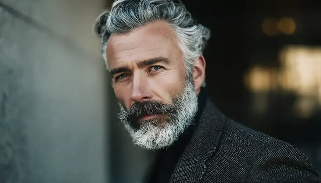 Homme mature confiant avec barbe grise parfaitement entretenue, incarnation du style Silver Fox assumé